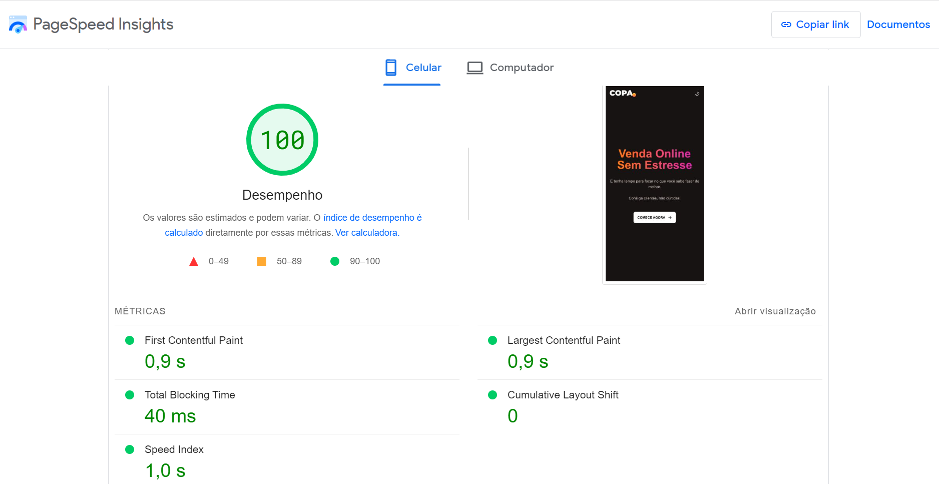 Nota 100 no Teste de Performance do Google